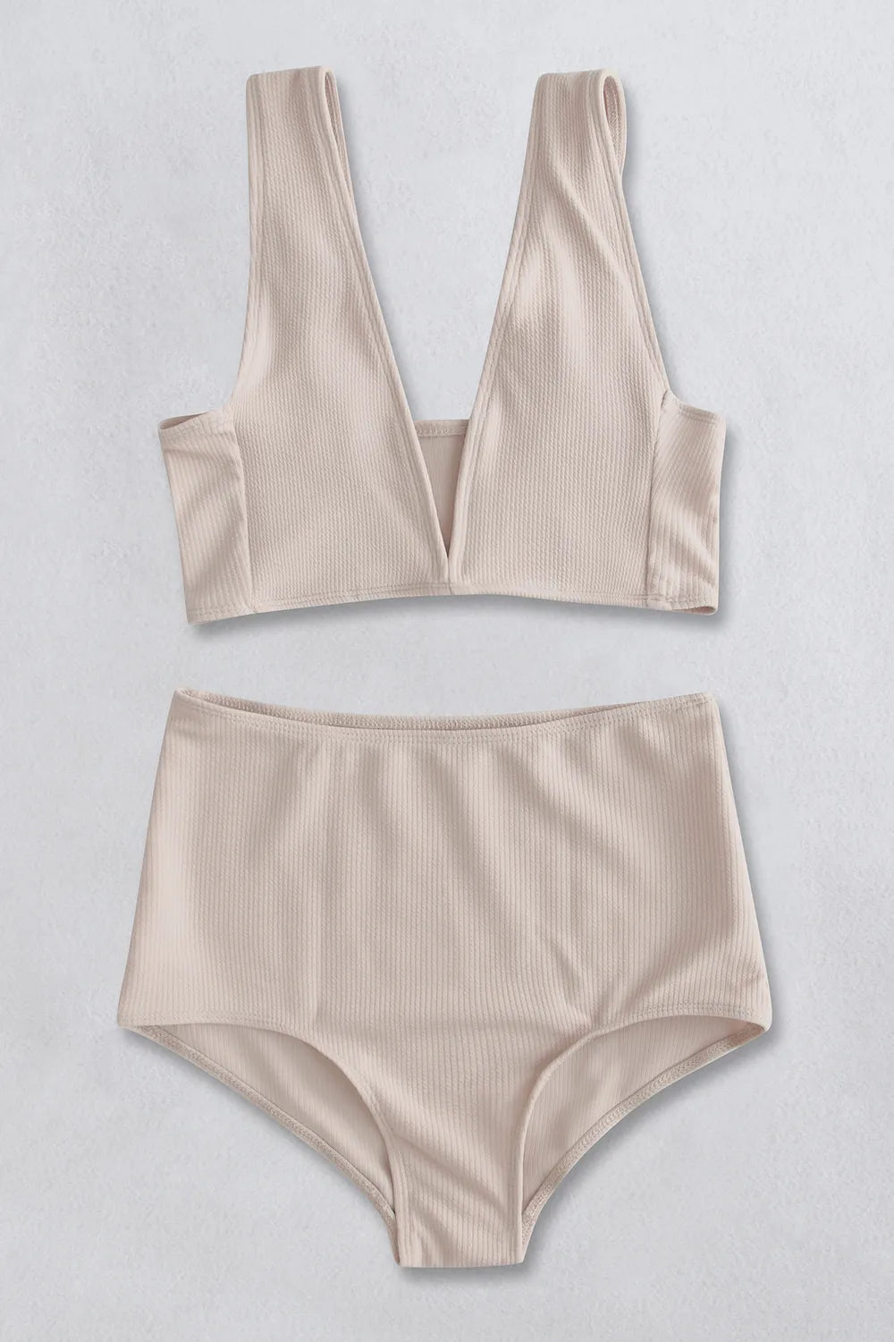 Ribbed V-Neck Bikini Set - Cream