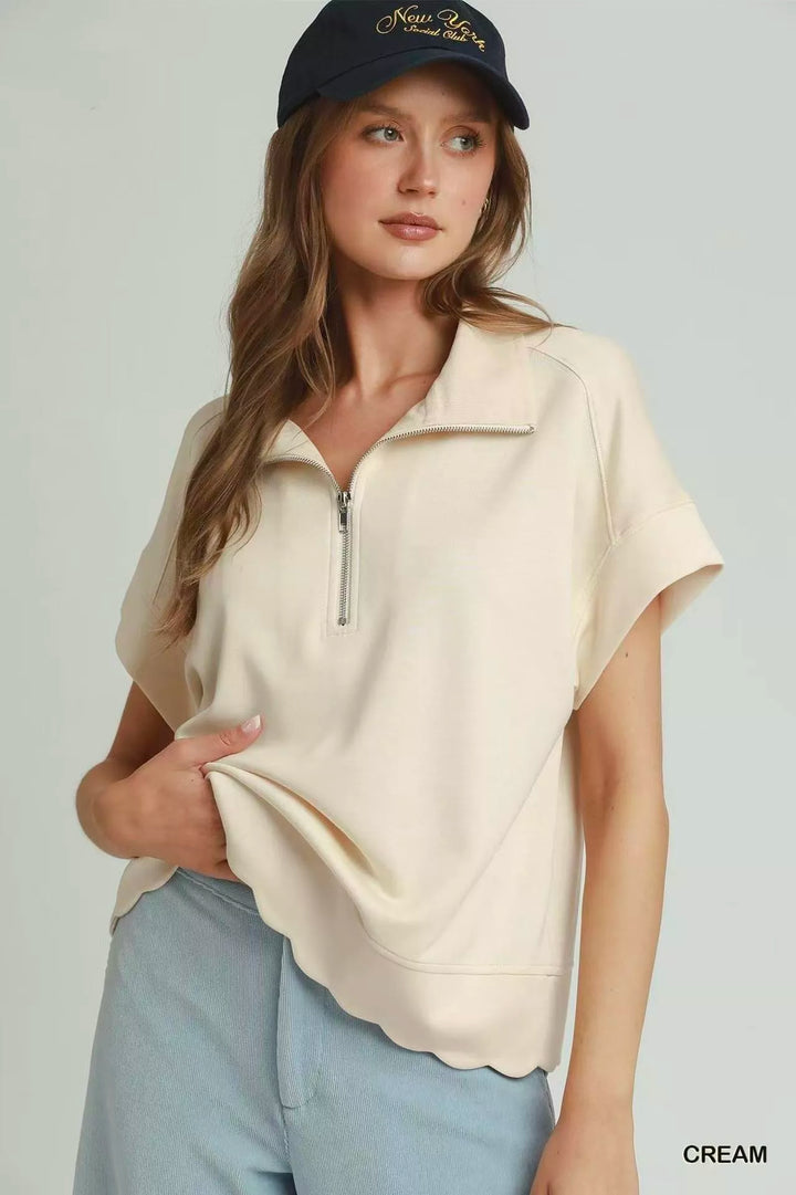 Half-Zip Pullover with Scalloped Edge Hem