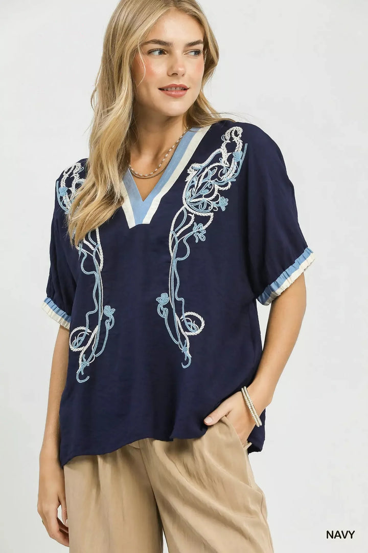Embroidered Floral V-Neck Short-Sleeve Blouse with Contrast Trim