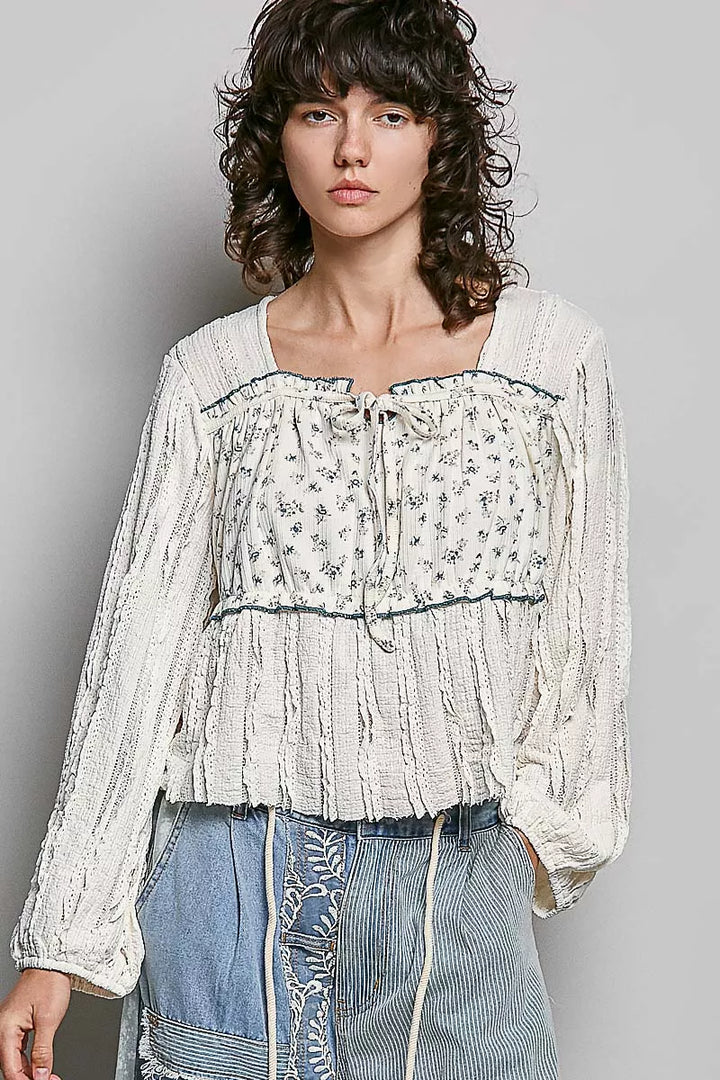 Square-Neck Lace Long Balloon Sleeve Top