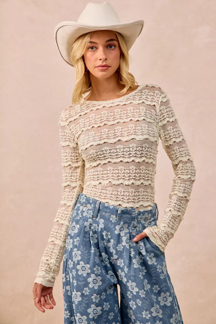 Cream Ruffle Floral Lace Top