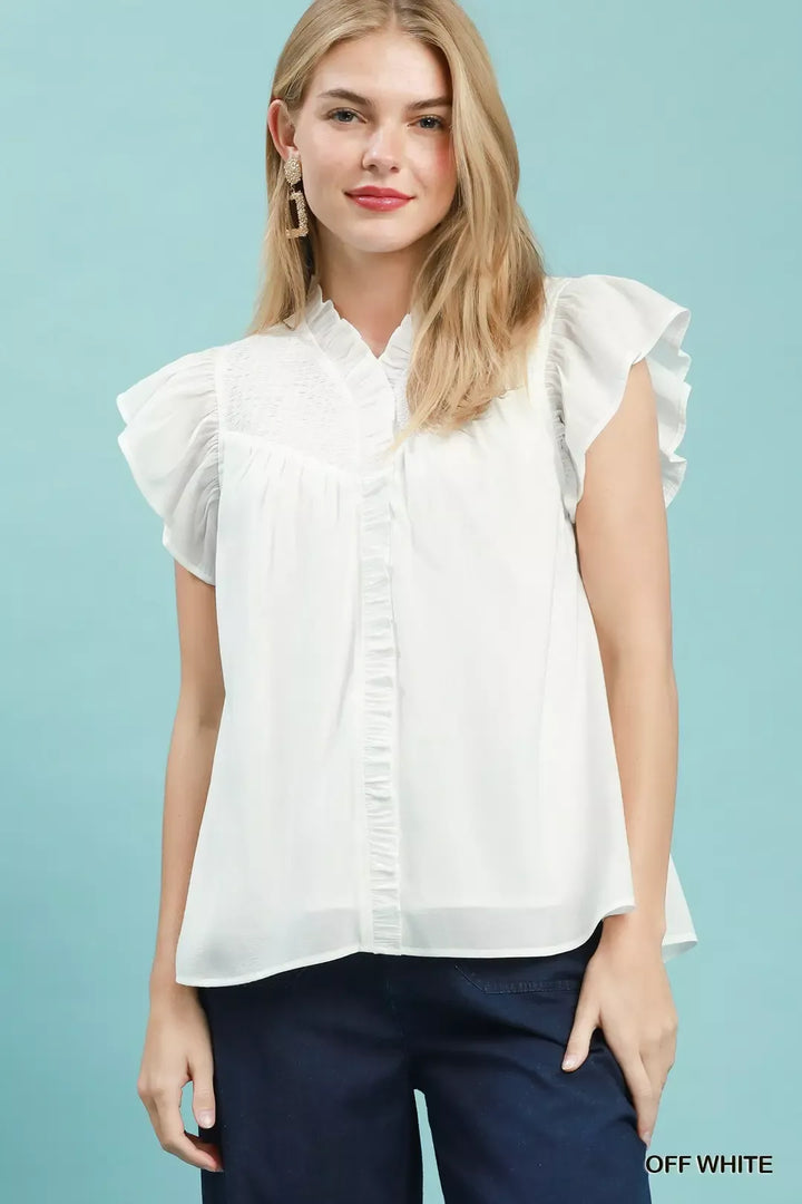 Smocked Yoke Ruffle Sleeve Blouse