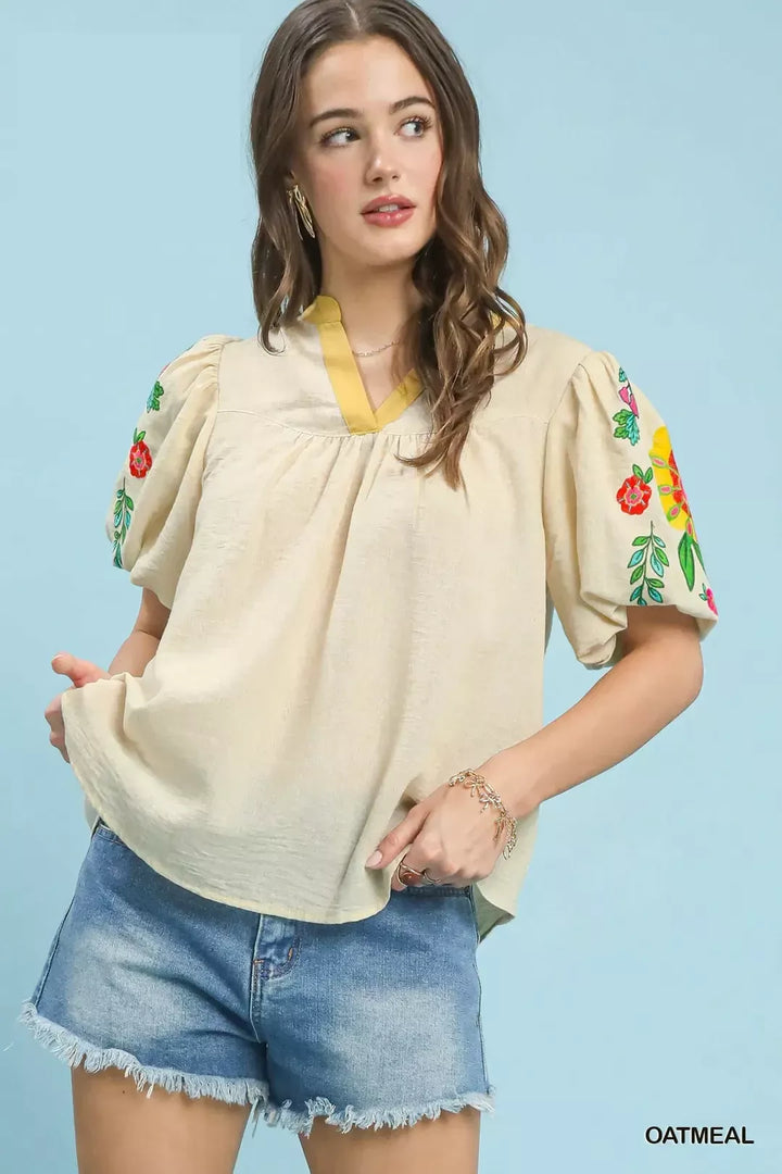 Embroidered Puff Sleeve Top