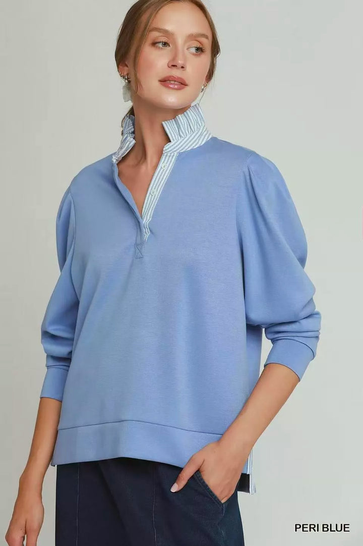Stripe Ruffle Neck Long-Sleeve Top