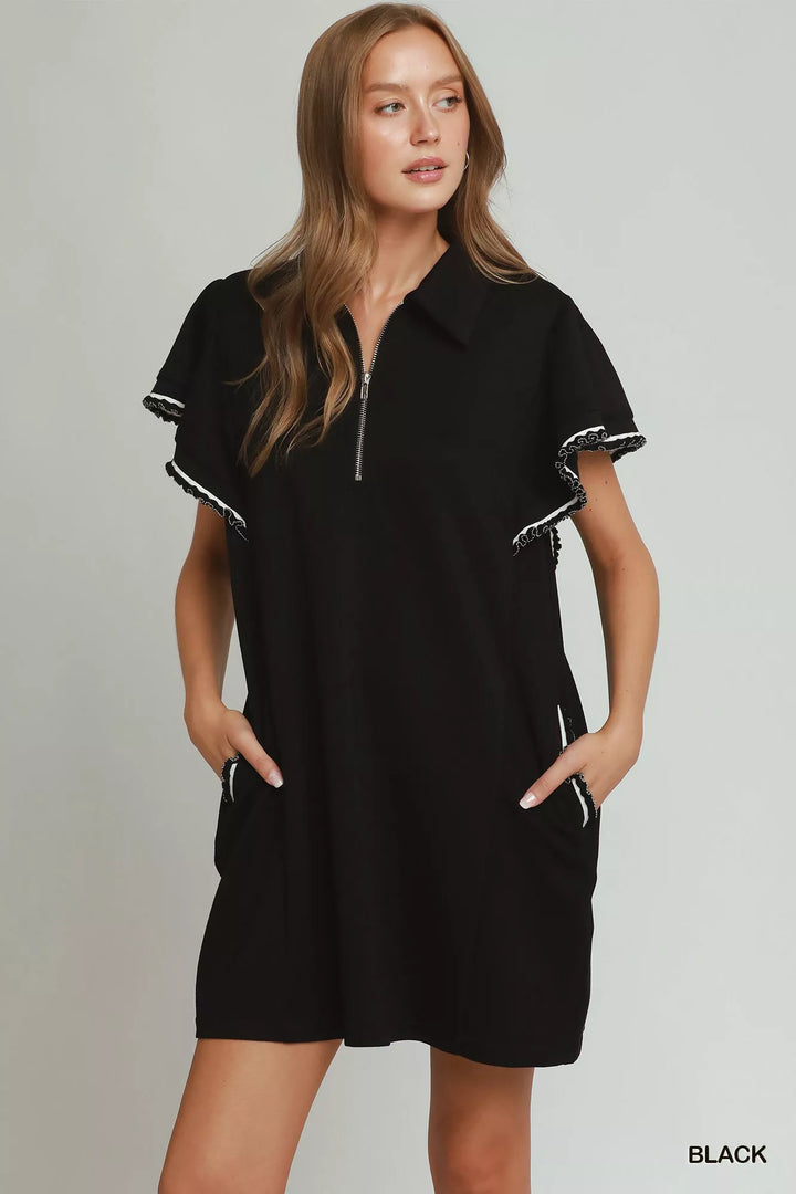 Half-Zip Flutter Sleeve Mini Dress