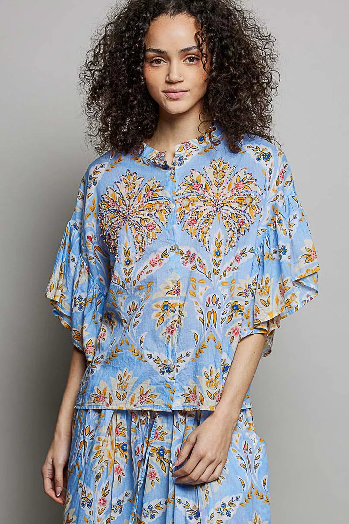 Floral Printed Woven Ruffle Sleeve Shirt