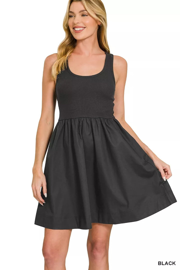 Combined Knit and Woven Midi Dress