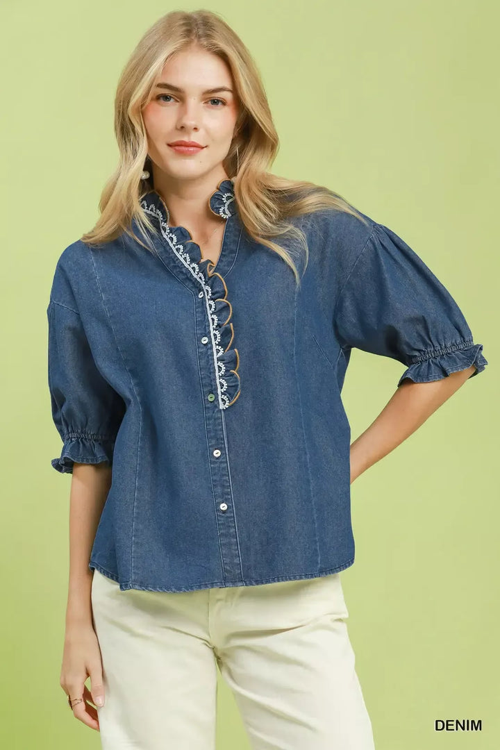 Chambray Scalloped Trim Button Front Blouse – Denim