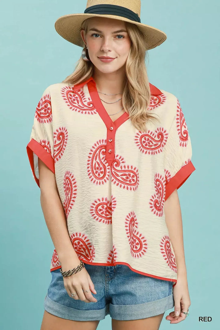 Paisley Print Contrast Trim Top