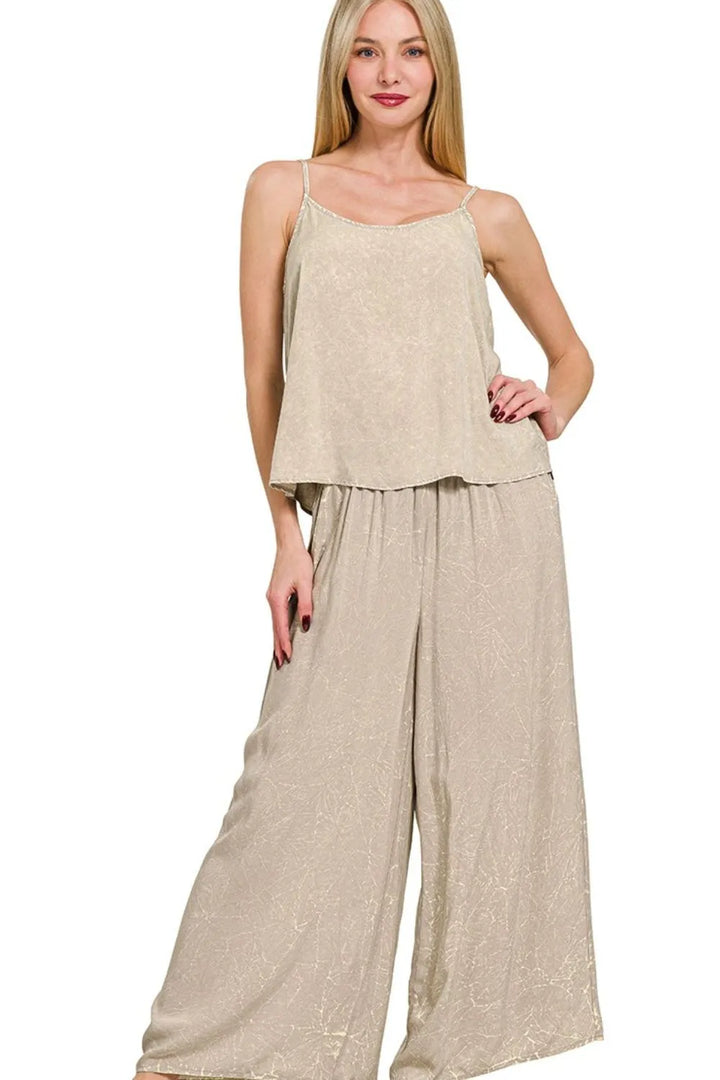 Woven Acid Crinkle Washed Cami and Pants Set