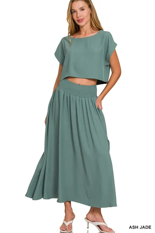Woven Crop Tee and Skirt Set