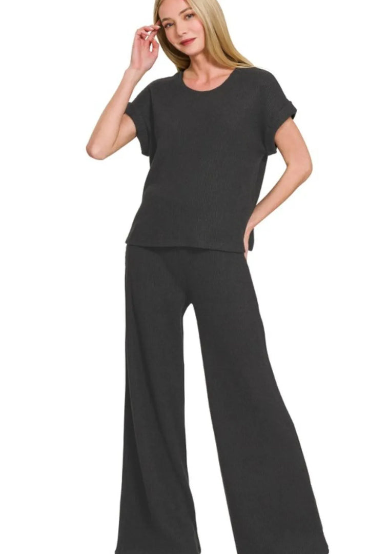 Rolled Sleeve Top and Pants Knit Set