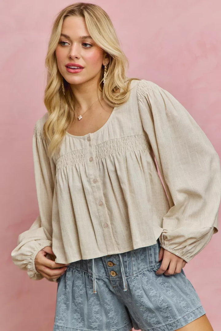Linen Blend Woven Long-Sleeve with Smocking Top