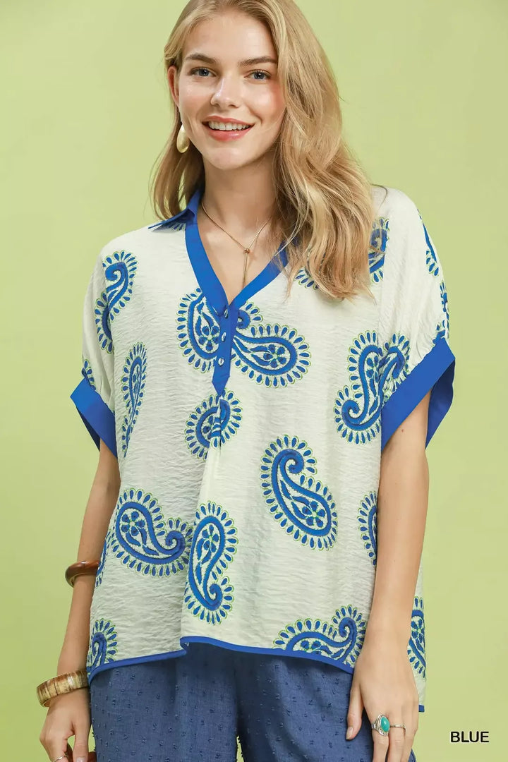 Paisley Print Contrast Trim Top