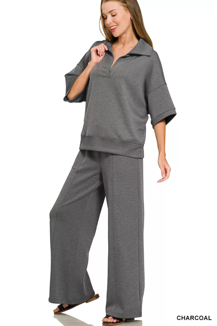Scuba Collared Short-Sleeve Pullover and Center Seam Pants Set