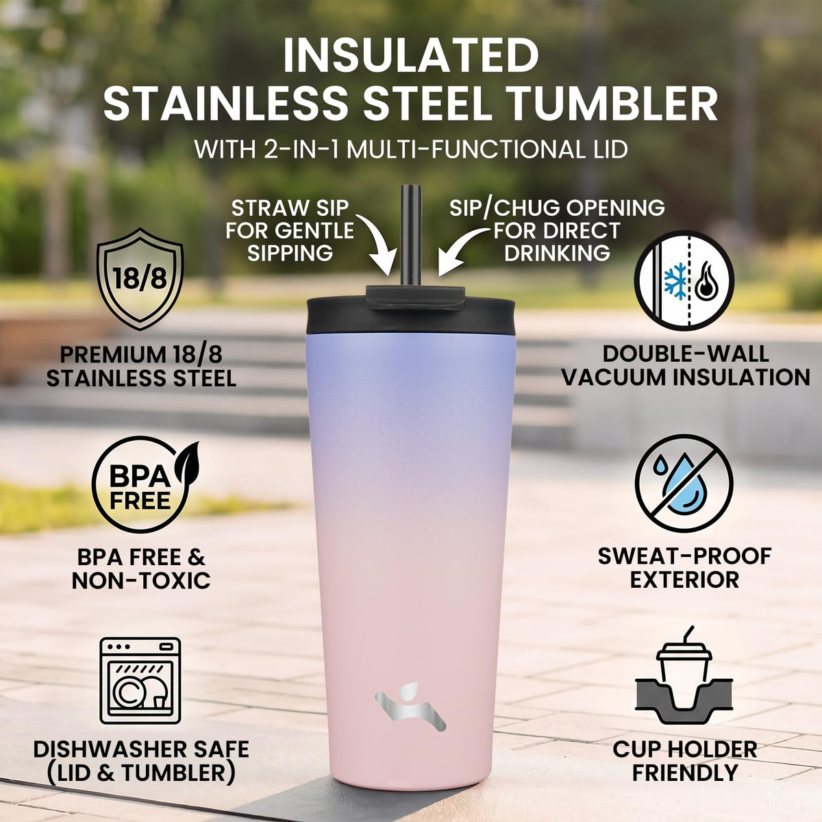 Konokyo 26 oz Insulated Tumbler Water Bottle with Straw Lid, Pastel Sunset