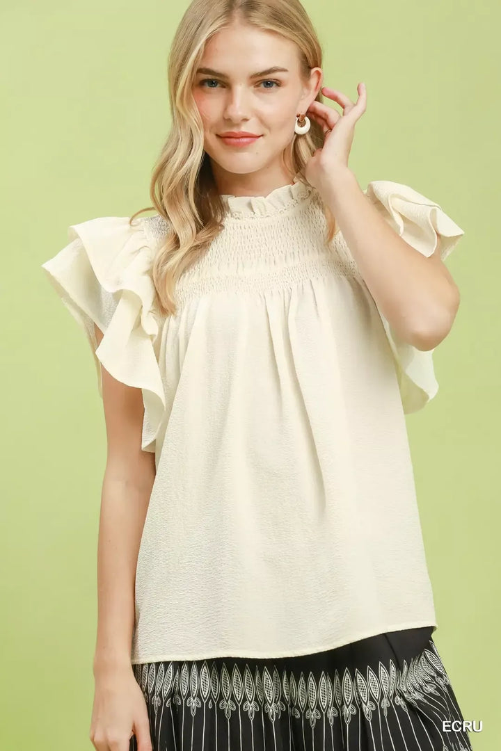 Smocked Ruffle Sleeve Textured Top