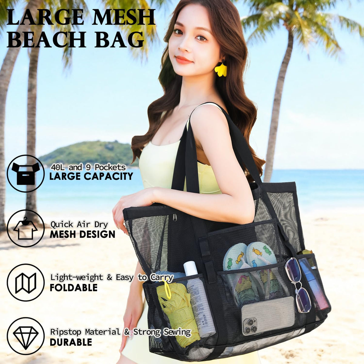 Fammart Large Mesh Beach Bag for Women, Oversized Beach tote Swim Pool Bag