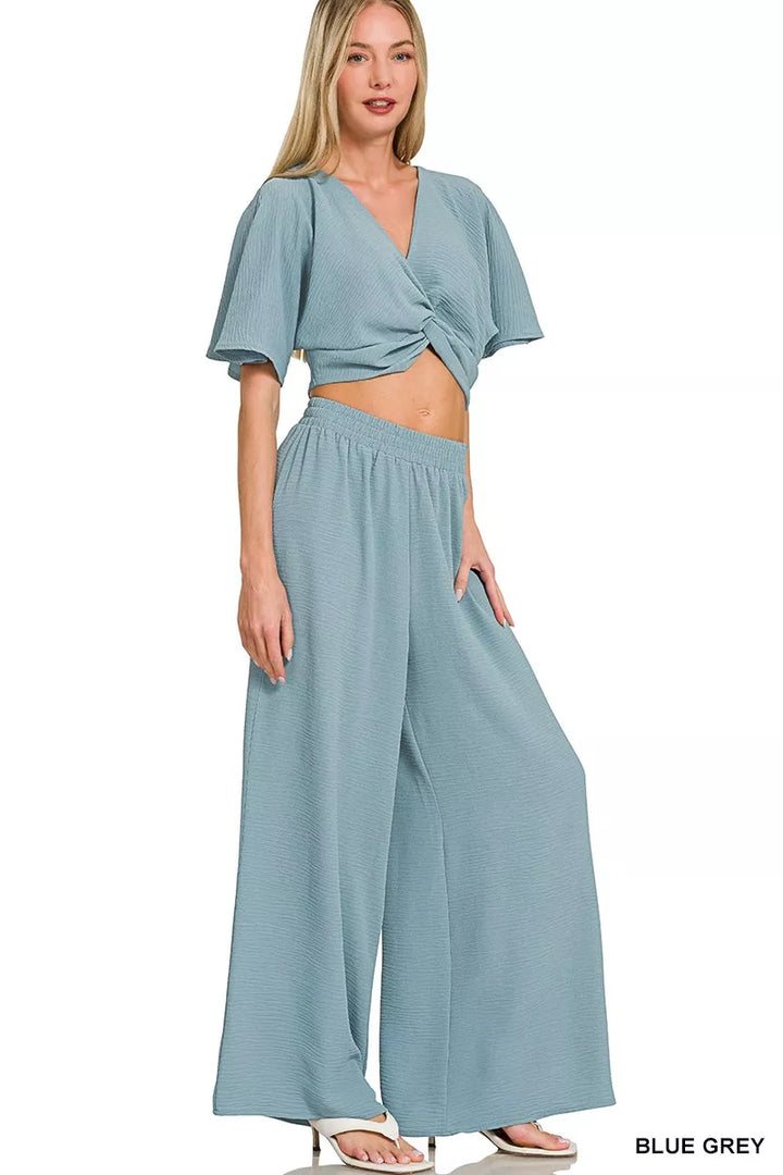 Breezy Woven Twisted Top and Wide-Leg Pants Set