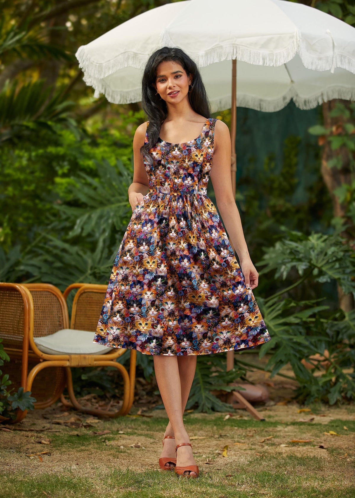 Cats &amp; Flowers Fit &amp; Flare Dress