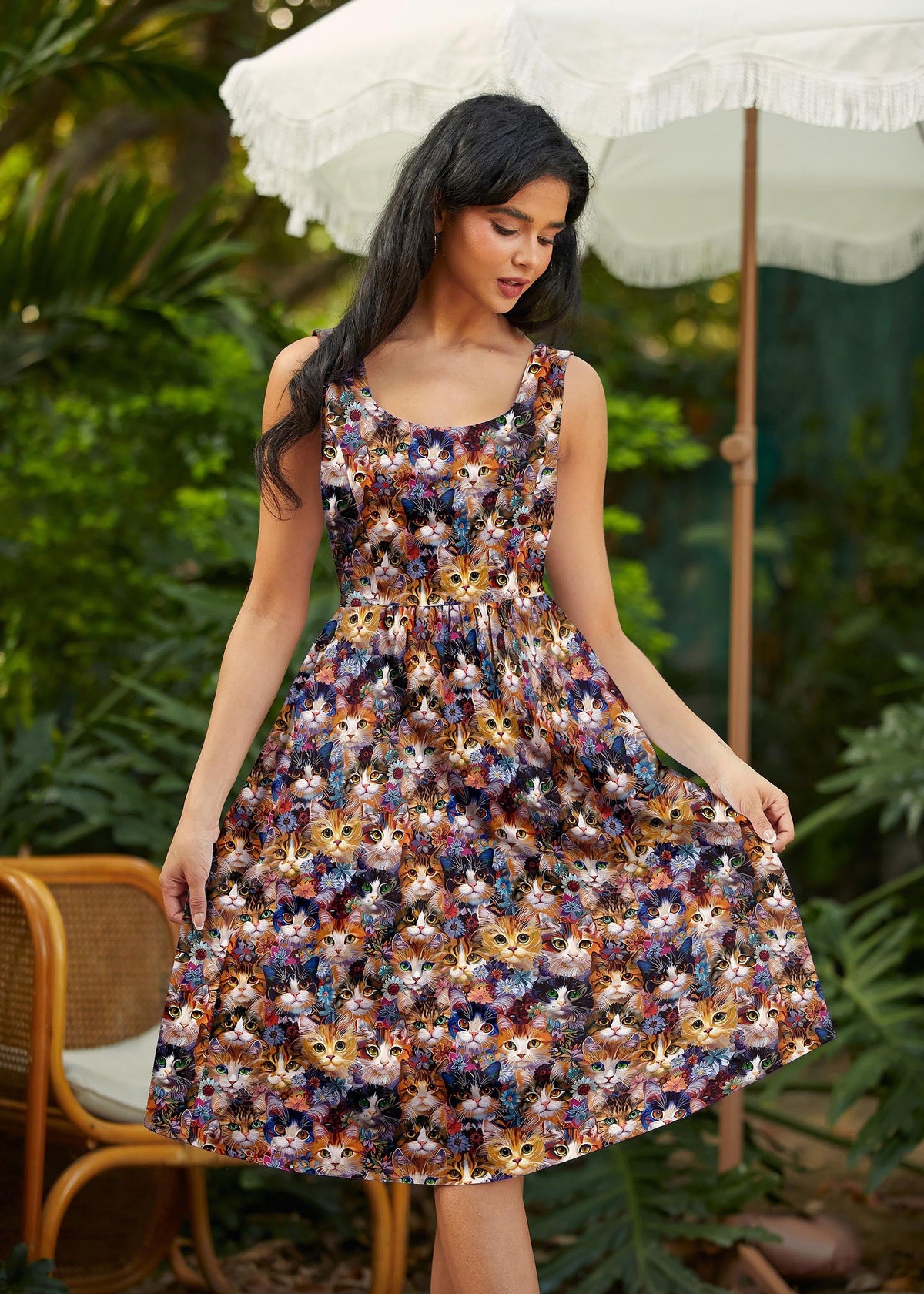 Cats &amp; Flowers Fit &amp; Flare Dress