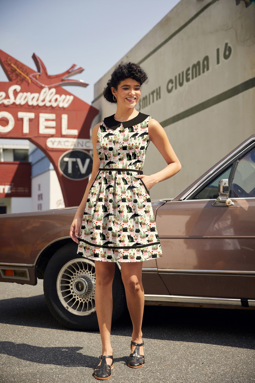 Cats &amp; Plants Collared Dress - 4X only, 1 left!