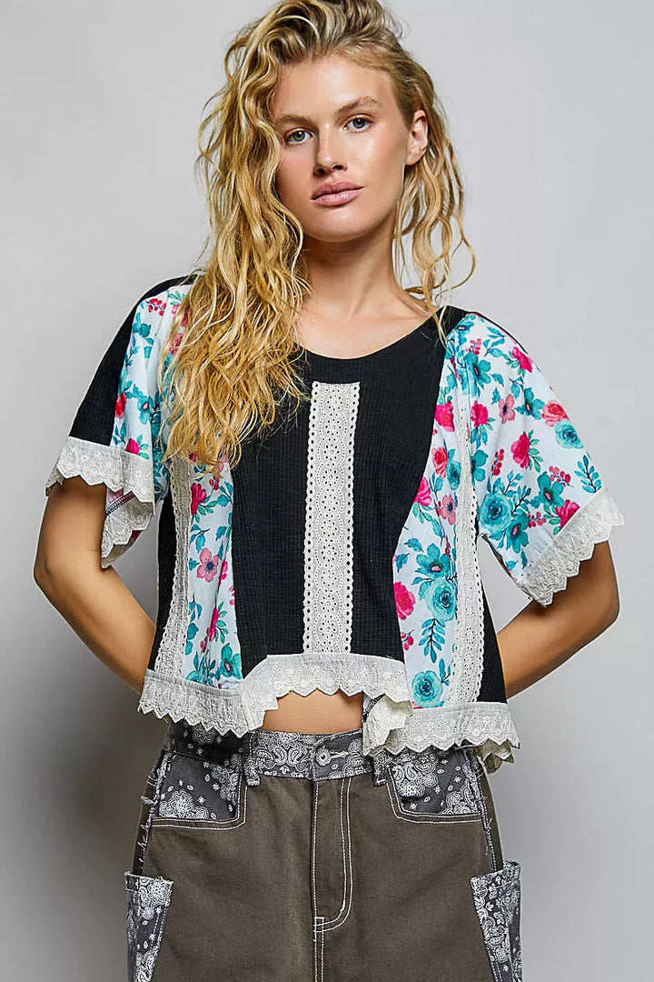 Crewneck Ribbed Cropped Top with Lace Detail