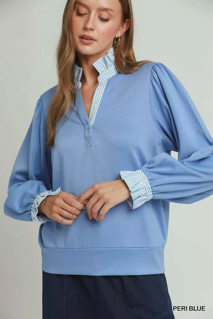 Stripe Ruffle Neck Long-Sleeve Top