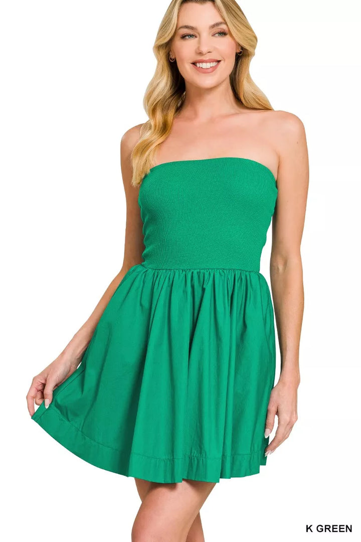 Knit Bodice Bandeau Flare Mini Dress