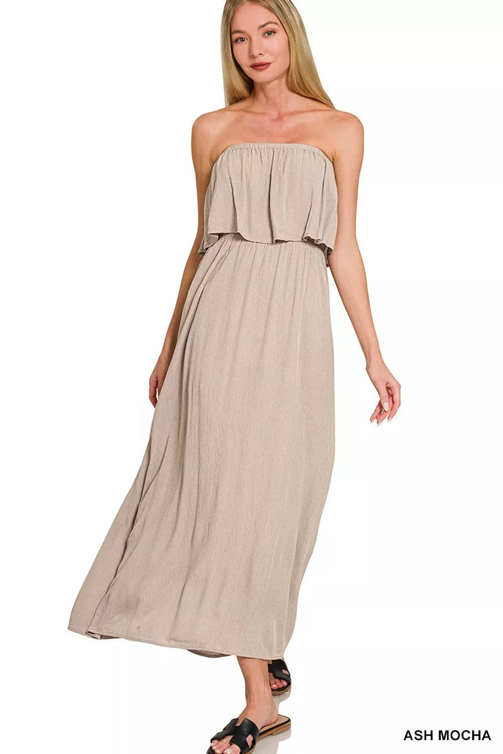 Woven Crinkle Strapless Maxi Dress
