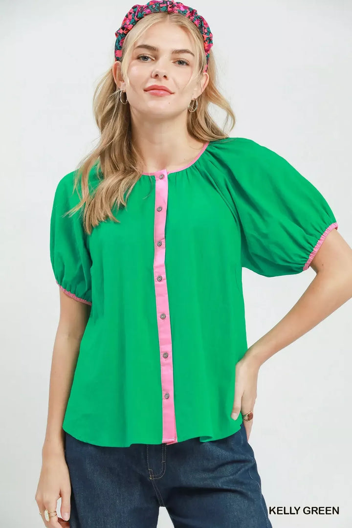Contrast Trim Button Front Puff Sleeve Blouse