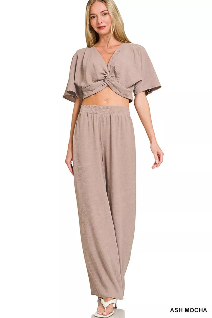 Breezy Woven Twisted Top and Wide-Leg Pants Set