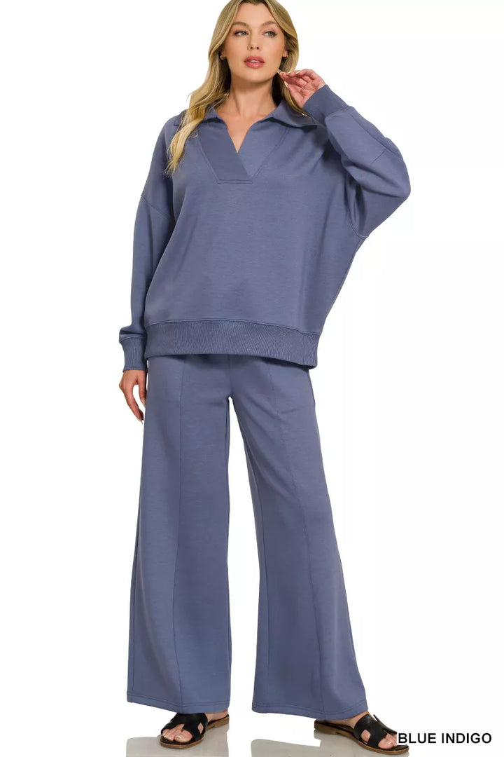 Scuba Collared Pullover and Center Seam Pants Set