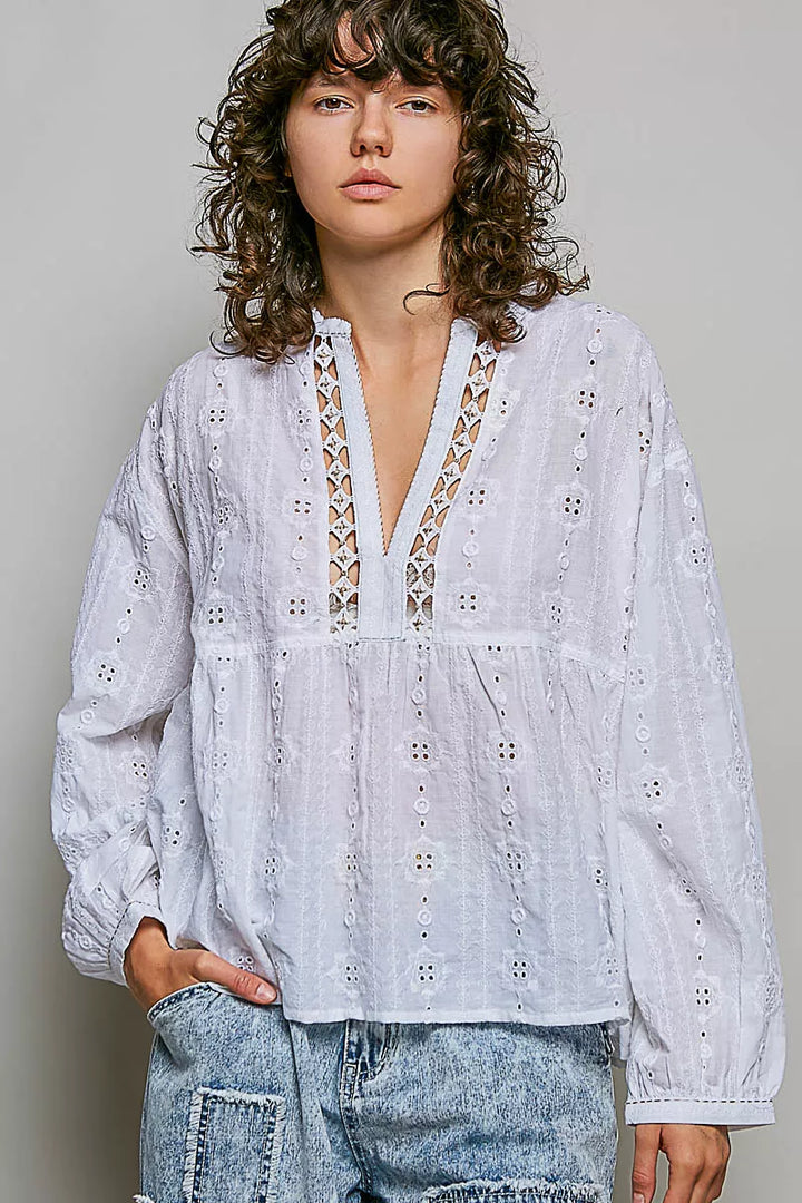 Lace Eyelet Long-Sleeve Cotton Blouse