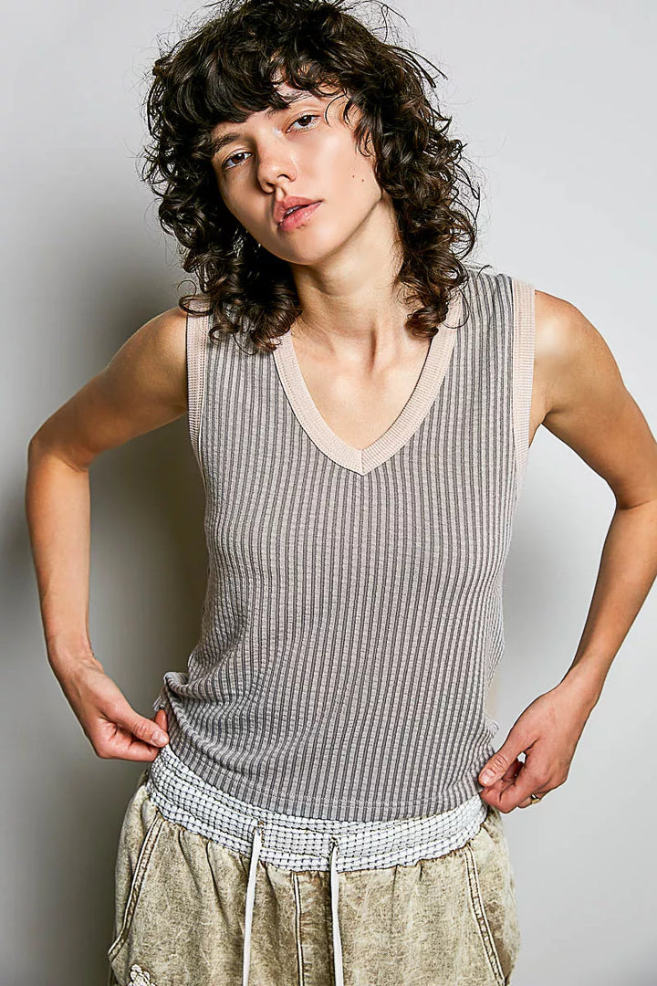 V-Neck Contrast Ribbed Sleeveless Tank