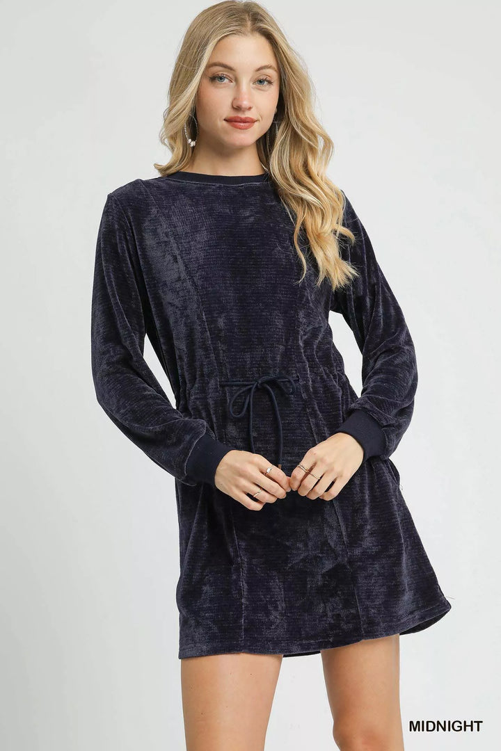 Velour Drawstring Mini Dress with Long-Sleeve