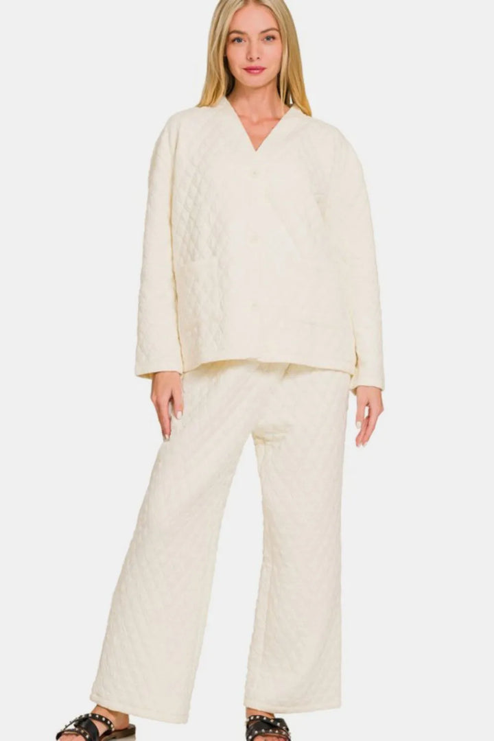 Quilted Button-Up Long-Sleeve Top and Pants Lounge Set
