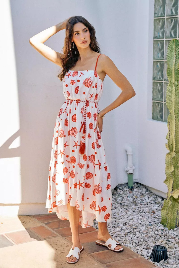 Shell Print Tiered Lined Midi Cami Dress with Belt