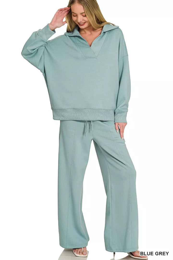 Scuba Collared Pullover and Center Seam Pants Set