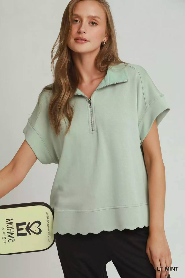 Half-Zip Pullover with Scalloped Edge Hem
